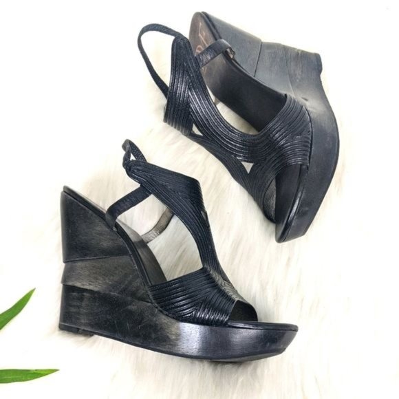 Diane Von Furstenberg DVF Wooden Platform Wedge Sandals 6.5 Black Sculpted - Picture 1 of 8